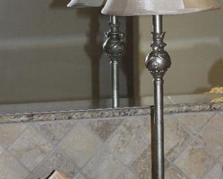 Silver Tone Vanity Lamp (30”H) show with 10” Square Wood Pedestal with Bath Items