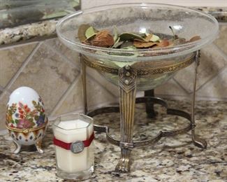 Art Glass Bowl in. Solid Brass Footed Stand, Porcelain footed Egg Trinket Box and “The Berries” Scented Hexagon Candle