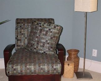 Bauhaus Furniture Java Collection Manitoba & Aqua Upholstered Wooden Armchair. Also shown: Rattan 15” Vase, Oval Bamboo & Palm Woven BoxAnd Brushed Chrome Pole Lame with Square Paper Shade