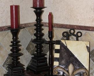 Z Galleries Westgate Candle Stands: 12” Slender Candle Holder, 17.5” and 13” Candle Stands. Shown with Fleur de Lis Decorative Tile