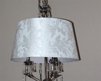 Hanging Brass Lamp with Crystal Tear Drop Prisms and White Brocade Shade