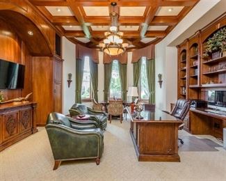 View of Office: Hancock and Moore Green Leather Club Chairs, Mahogany/Cherry Executive Desk, Alder & Cherry Audio Console, Etc.