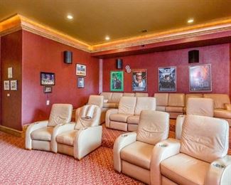 Theater Room with Ivory Leather Theater Chairs. Also shown are Movie Posters, including Batman, Spiderman, Arnold Schwarzenegger "Terminator", Lord of the Rings, etc. and Various Sports Prints, Posters and Photos