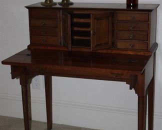Vintage Spinet Desk with Drawers and Pockets on Pad Feet(34”W x 40”H x 18’D), Vintage/Antique Solid Brass 12” Bee Hive Candlesticks and Amber 1920’s Lysol Bottle