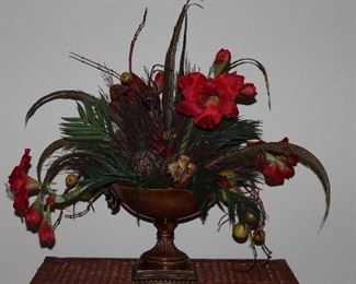 Large Silk Amaryllis, Fruit and Feathers Floral Arrangement (approx. 36” x 36”) in Round Pedestal Bowl(12”H x 12”D)
