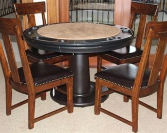 2nd View showing Poker Side: Glen Ellen Professional 48” Pedestal Game Table by California House w/Reversible top. Shown with 4 Solid Wood Side Chair with Upholstered Expresso Leather Seats