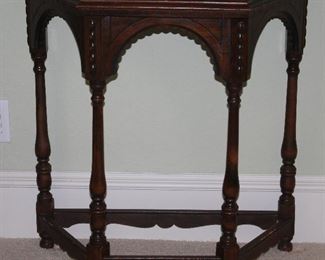 Antique Demilune/Half Hexagonal Table w/Turned Legs and Stretchers (30”W x 30”H x 15”D).