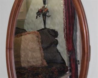 Antique Carved Wood Framed Bevel Mirror w/Carved Floral Crown (21” x 40”)