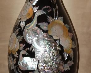 Antique Japanese Black Lacquered Metal Vase with Mother of Pearl and Abalone Inlay Peacock and Floral. (26"H x 10"W) 