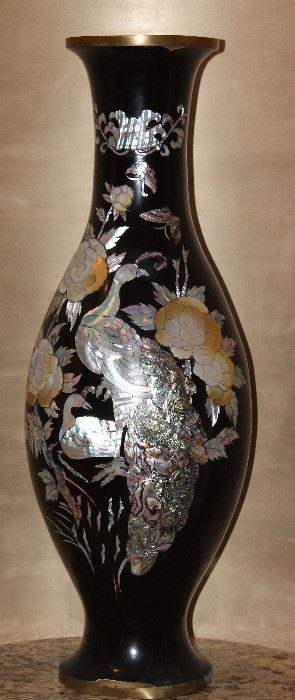 Antique Japanese Black Lacquered Metal Vase with Mother of Pearl and Abalone Inlay Peacock and Floral. (26"H x 10"W)