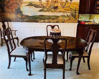 $450 ETHAN ALLEN FORMAL DINING TABLE WITH 6 CHAIRS
66”L x 44”W x 29”H
2 LEAVES AVAILABLE MEASURES 
18”L x 44”W
4 REGULAR CHAIRS / 2 ARMCHAIRS