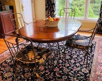 $450 COUNTRY STYLE WOOD AND METAL OVAL KITCHEN TABLE WITH 4 CHAIRS BY KINCAID FURNITURE 
62”L x 44.25”W x 29”H 
( MEASURES WITH LEAF)