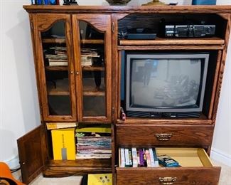$35 VINTAGE WOOD AND GLASS ENTERTAINMENT CABINET
57”L x 17.25”D x 56”H