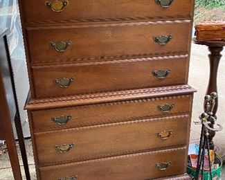 Vintage Ethan Allen Tallboy Dresser. Matches dresser with mirror and 2 nightstands. 