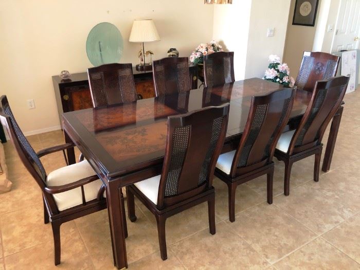 Bernhardt Dining set in Asian design, 8 chairs, custom pads, buffet and bar - GORGEOUS!