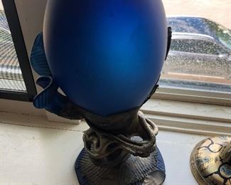 Blue Glass and Raku Base Artist Vase , signed 