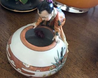 Japanese Figure of Boy looking into Koi Pot 