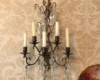Pair Brass and Crystal Candleabras