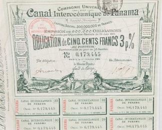S72  Panama Canal 1884 Bond 500 Francs	$21.95