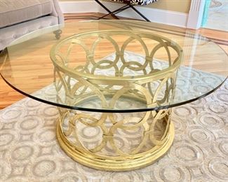 3. Round Glass Top Coffee Table on Gold Tone Metal Base (44'' x 22'')