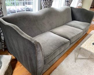 14. Bernhardt Grey Velvet 3 Cushion Sofa w/ Nailhead Detail AS IS (111'' x 40'' x 34'')
