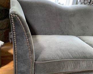 14. Bernhardt Grey Velvet 3 Cushion Sofa w/ Nailhead Detail AS IS (111'' x 40'' x 34'')