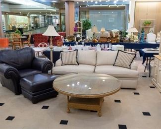 Leather chair and ottoman, BERNHARDT leather couch, and wicker coffee table with glass!