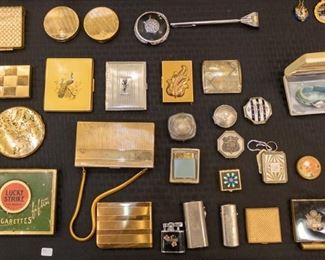 Vintage powder compacts, match holders, lighters, etc.