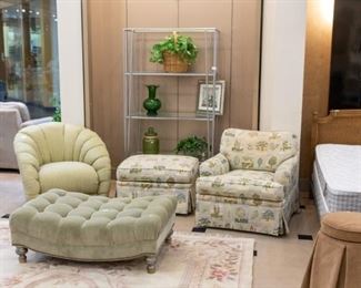 ROB & STUCKY chair & ottoman, swival chair, & green velour ottoman.