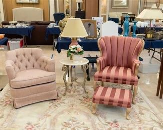 Pink chair on the left is RUST & MARTIN.  Adorable pink chair & ottoman on the right.