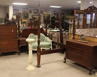 Group Photo Items Sold Separately: 3pc Chippendale 1940's Era Bedroom Set, Fine French Settee and Recent Vintage Carved 4-Poster Queen Size Bed   