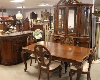 Contemporary Shell Carved Dining Room Set Sideboard with marble inset, Lighted China Cabinet , Four Chairs and table with on extension leave 