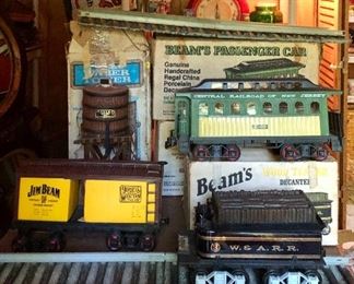 Jim Beam  train decanters, Water Tower, Passenger Car, Box Car, and Wood Tender Car plus tracks