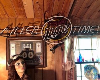 "MILLER TIME" neon sign and vintage lady mannequin