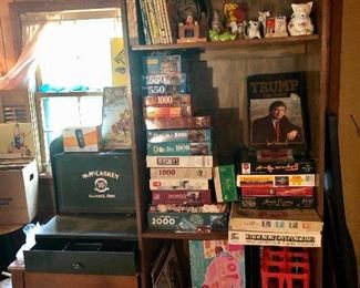 McCaskey Register, games and puzzles, Trump Game, easy bake oven on bottom shelf