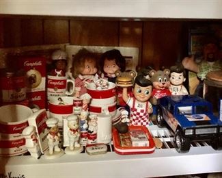 Campell's  soup mugs and bowls, Campbell's kids dolls, Shoney's  Big Boy and Bear, Pillsbury car and Pillsbury cookie jar