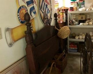 Nice vintage full bed (bed rail in upcoming picture), 2 Miller Light metal signs, baskets and more