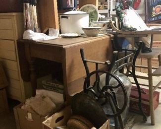Nice drop leaf table, cast iron sewing machine base, highchair, enamel pot with lid,  box lots here and there! 