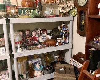 More great vintage items: wood carved items, clock, dolls, milk glass...