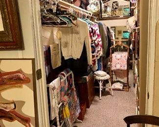 Packed closet!! Clothes, quilts, quilt rack, vintage books, afghans, vintage cowboy hats, vintage suitcases and much more!!