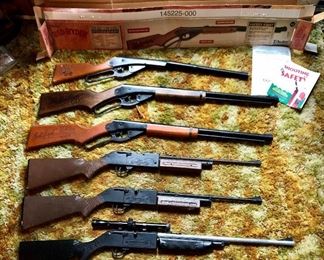 Guns listed from bottom to top:          66 Powermaster Crosman pump air rifle/BB with scope, 760 Pumpmaster Crosman air gun, 760 Pumpmaster Crosman air gun model 760 – D, Daisy Red Ryder Steel air gun shot Model 1938B, Daisy Red Ryder 2000 Millennium edition model 1938B steel air gun shot/BB, Daisy Buck steel air gun shot/BB model 105 B