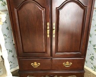 #3) $150 -  Dark Cherry Media Cabinet with Queen Anne legs and gold trim.  Open cabinet with 2 drawers. 