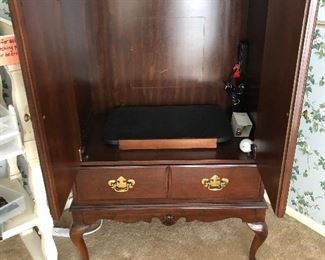 #3) 150 -  Dark Cherry Media Cabinet with Queen Anne legs and gold trim.  Open cabinet with 2 drawers.  