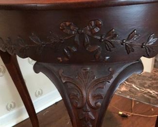 #4)  $50 - Solid wood carved round table with glass top.  26" diameter x 30" tall.  