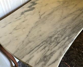 #7) $150 - Carved wood, gold painted marble top parlor table.  51"W x 21" D x 30" H.