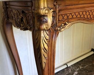 #7) $150 - Carved wood, gold painted marble top parlor table.  51"W x 21" D x 30" H.