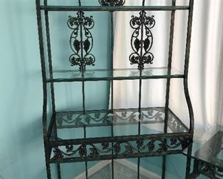 #15)  9 Piece Iron and Glass Furniture Set.  $700 for the set.  Individually Lamp table $125, Coffee Table $150, Sofa Table $175, Bakers Rack $225, Dining Table with 4 Chairs $400.  Bakers rack is 36 " W x 19" D x 75" H, Coffee Table is 50"W x 24" D x 16" H, Lamp Table is 28" W x 24" D, x 24" H, Sofa Table is 54" W x 18 " D x 29" H, Breakfast Table is 42" W x 42" D x 30 " H.  