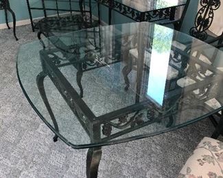 #15)  9 Piece Iron and Glass Furniture Set.  $700 for the set.  Individually Lamp table $125, Coffee Table $150, Sofa Table $175, Bakers Rack $225, Dining Table with 4 Chairs $400.  Bakers rack is 36 " W x 19" D x 75" H, Coffee Table is 50"W x 24" D x 16" H, Lamp Table is 28" W x 24" D, x 24" H, Sofa Table is 54" W x 18 " D x 29" H, Breakfast Table is 42" W x 42" D x 30 " H.  