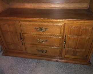 #29)  $500 Stanley brand pecan two-piece hutch.  In Excellent condition.  Well cared for furniture.  Matching Stanley pecan dining table with 8 chairs. (2 captain chairs and 6 side chairs).  sold separately.  