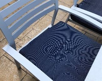 #2) $500 -  White aluminum outdoor patio table with 6 chairs, umbrella, umbrella stand and 6 matching chair cushions.  In excellent condition.  Cushions show some wear.  